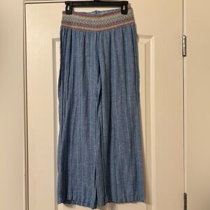 Linen Wide Leg pants Indigo Rein Medium embroidered blue striped beachy pull on